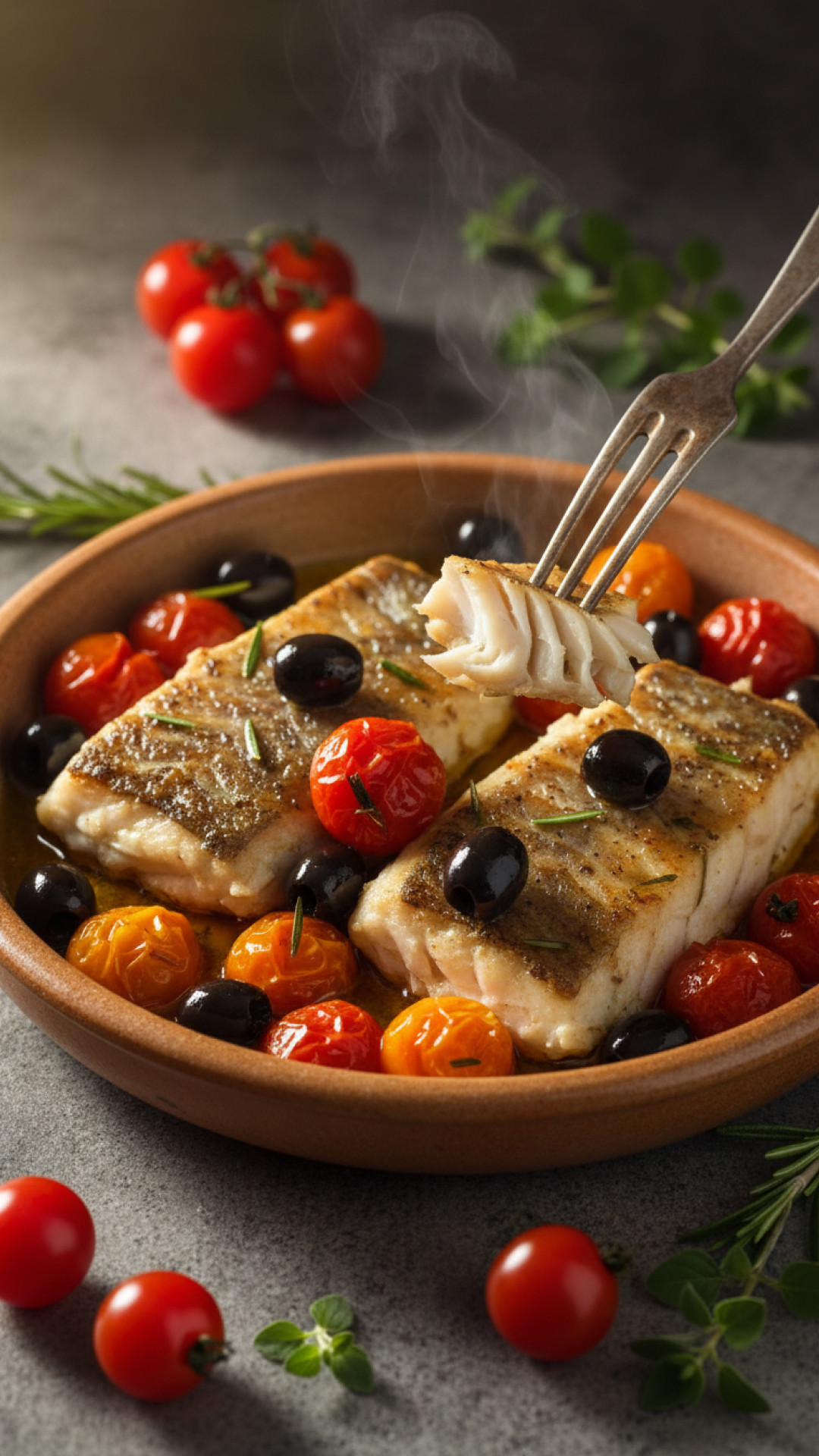 Mediterrane Seelachsfilets mit Kirschtomaten und Oliven Preparation