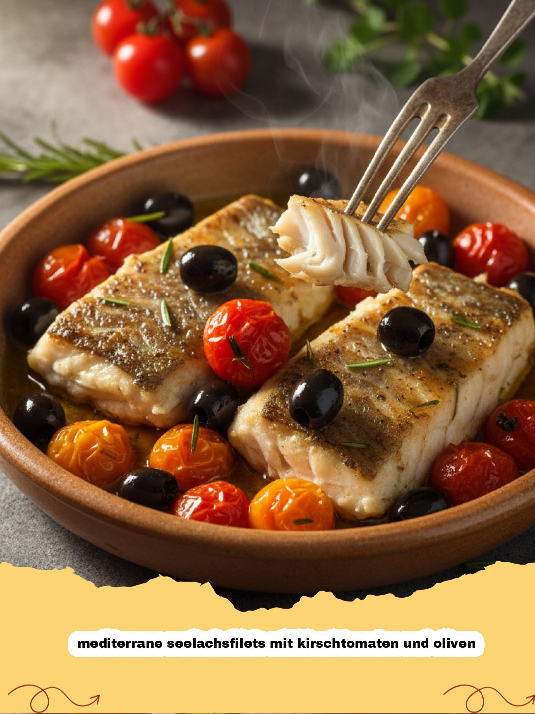 Urlaubsgenuss daheim: Mediterrane Seelachsfilets mit Kirschtomaten und Oliven