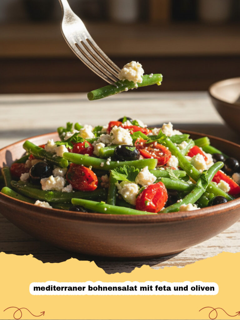 mediterraner bohnensalat mit feta und oliven - Ein bunter mediterraner Bohnensalat mit Feta und Oliven in einer rustikalen Schüssel.
