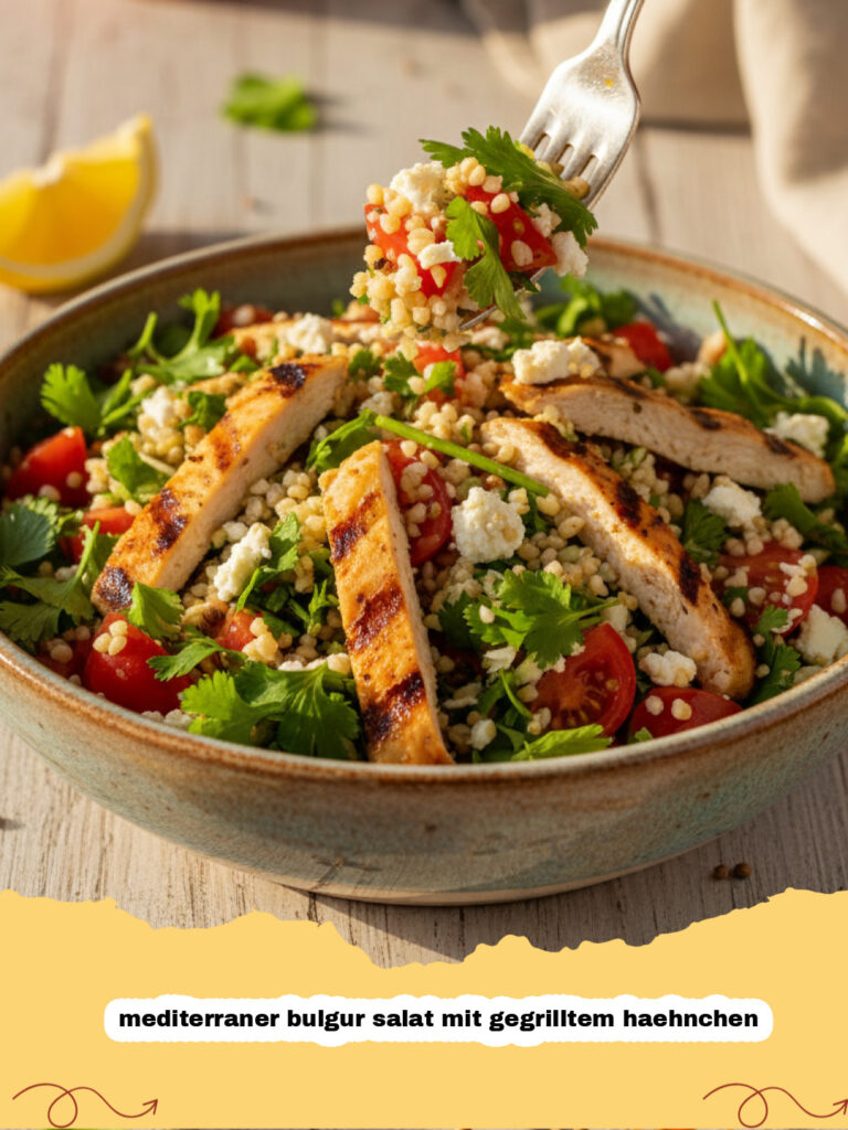 mediterraner bulgur salat mit gegrilltem haehnchen - Mediterraner Bulgursalat mit gegrilltem Hähnchen in einer großen Schüssel