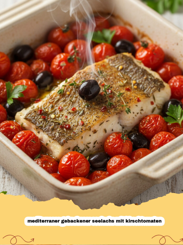 mediterraner gebackener seelachs mit kirschtomaten - Ein Blech mit goldbraun gebackenem Seelachs umgeben von geplatzten roten Kirschtomaten, frischen Kräutern und Zitronenspalten, appetitlich angerichtet