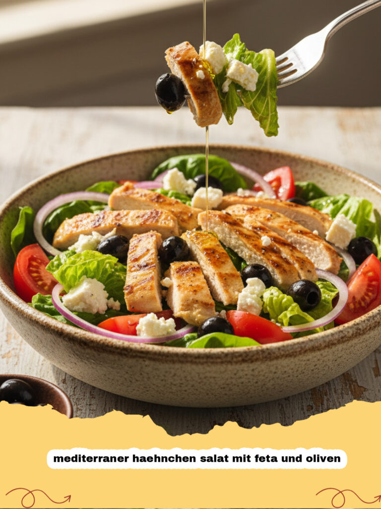 mediterraner haehnchen salat mit feta und oliven - Ein appetitlicher mediterraner Hähnchen Salat mit Feta und Oliven in einer rustikalen Schale.