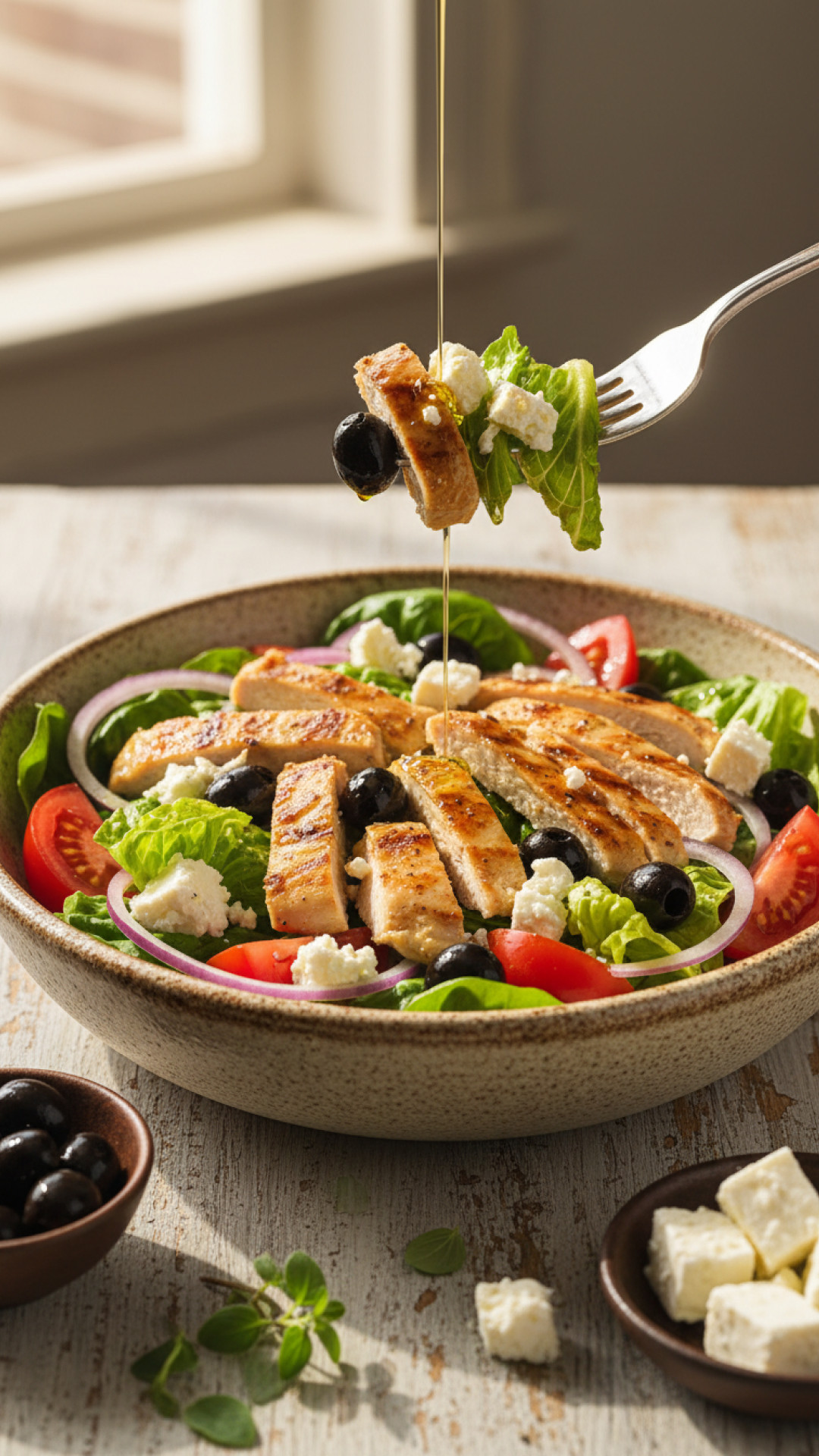 Mediterraner Hähnchen Salat mit Feta und Oliven Preparation
