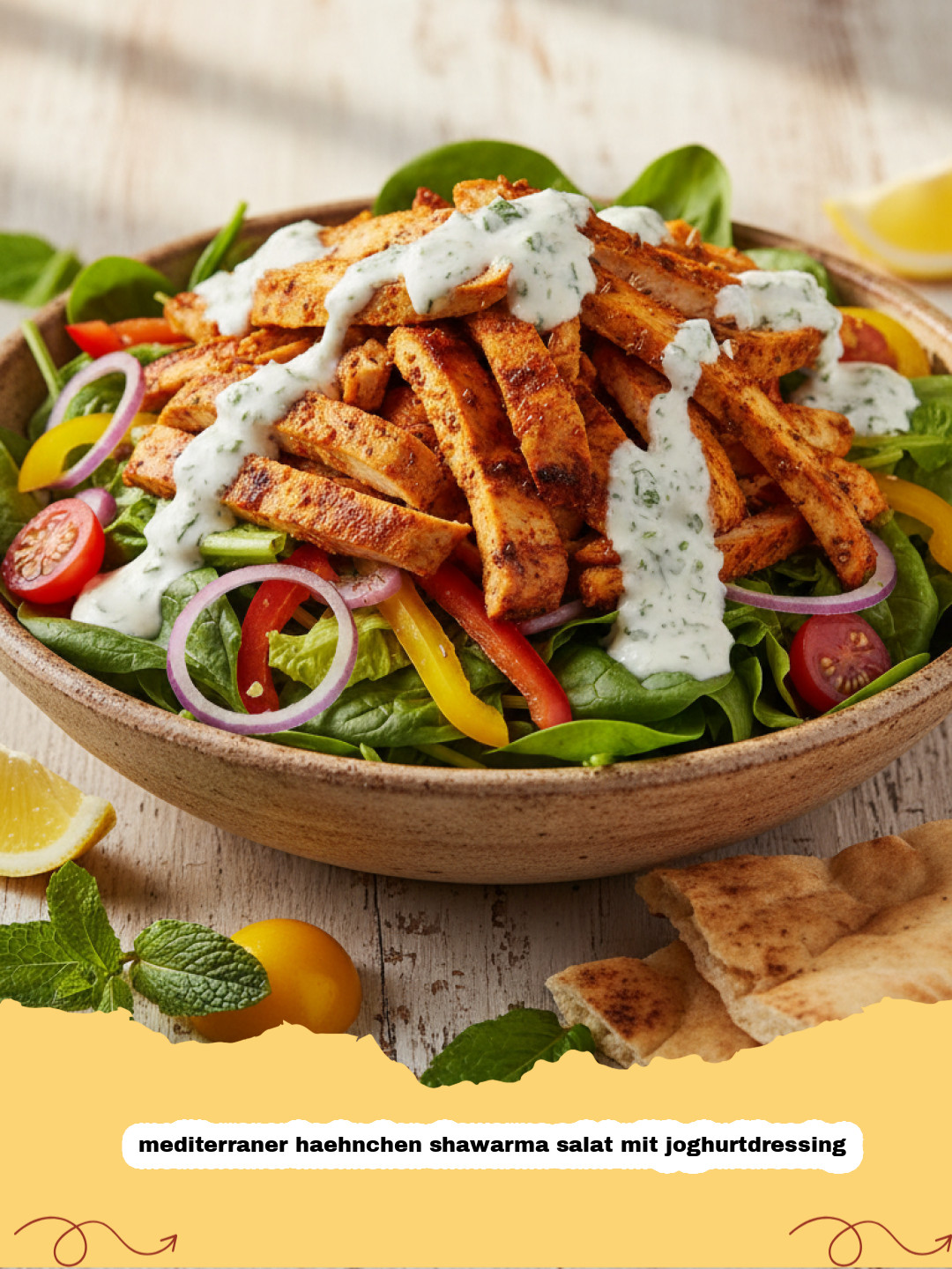 Der ultimative mediterrane Hähnchen-Shawarma-Salat mit cremigem Joghurtdressing