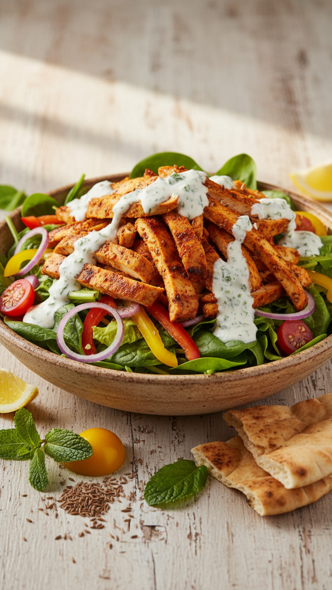 Mediterraner Hähnchen-Shawarma-Salat mit Joghurtdressing Preparation