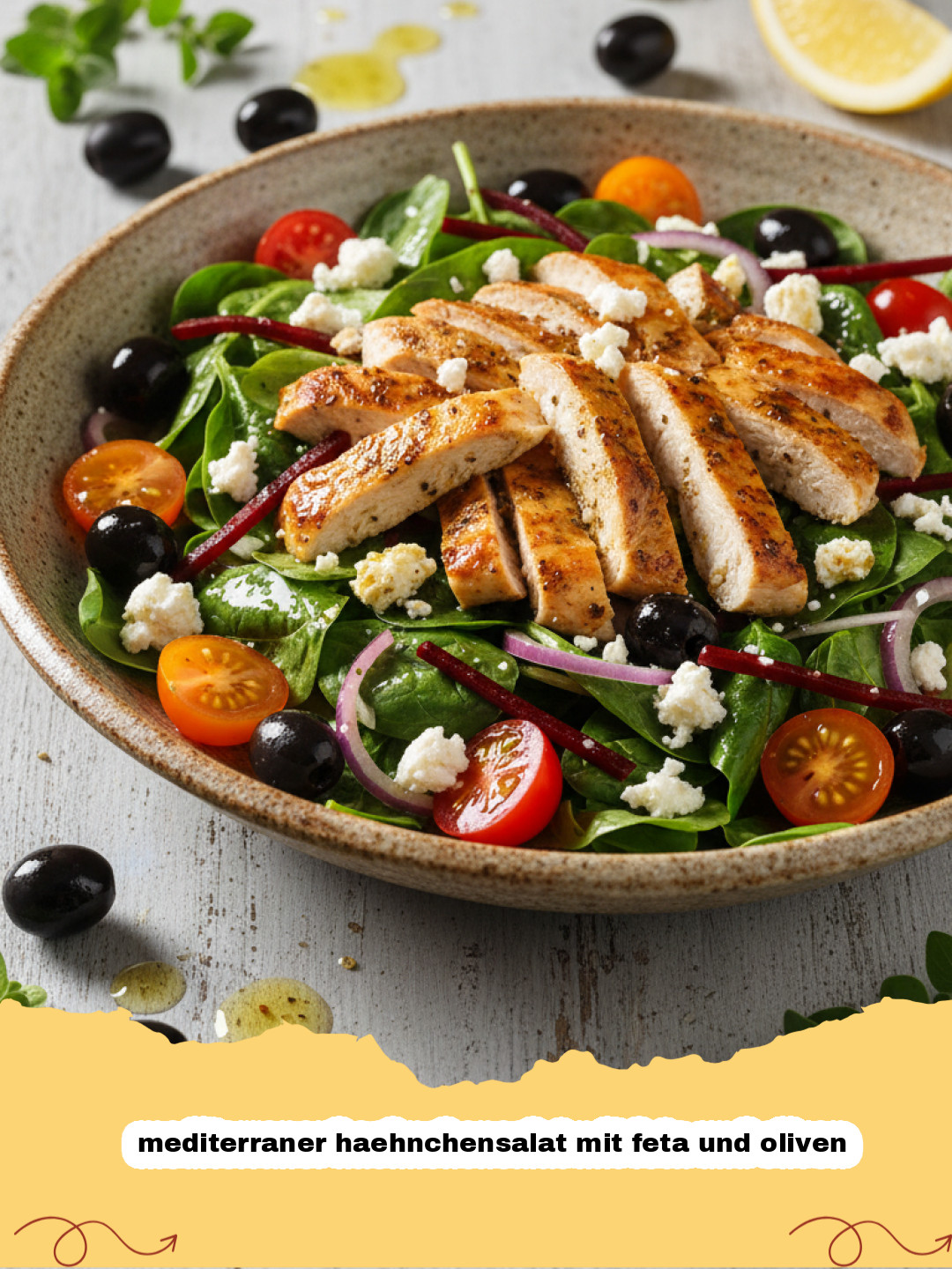 mediterraner haehnchensalat mit feta und oliven - Ein bunter, mediterraner Hähnchensalat mit Feta und Oliven in einer weißen Schüssel, garniert mit frischen Kräutern.