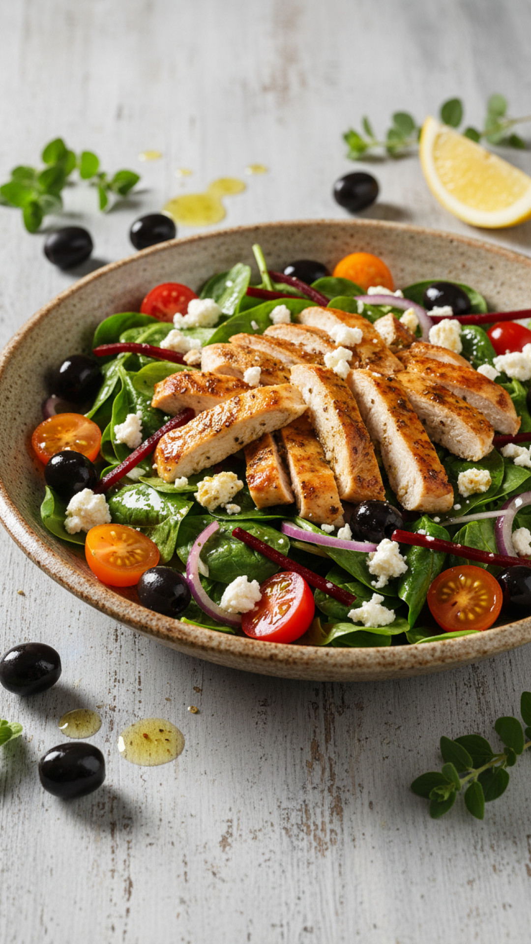 Mediterraner Hähnchensalat mit Feta und Oliven Preparation