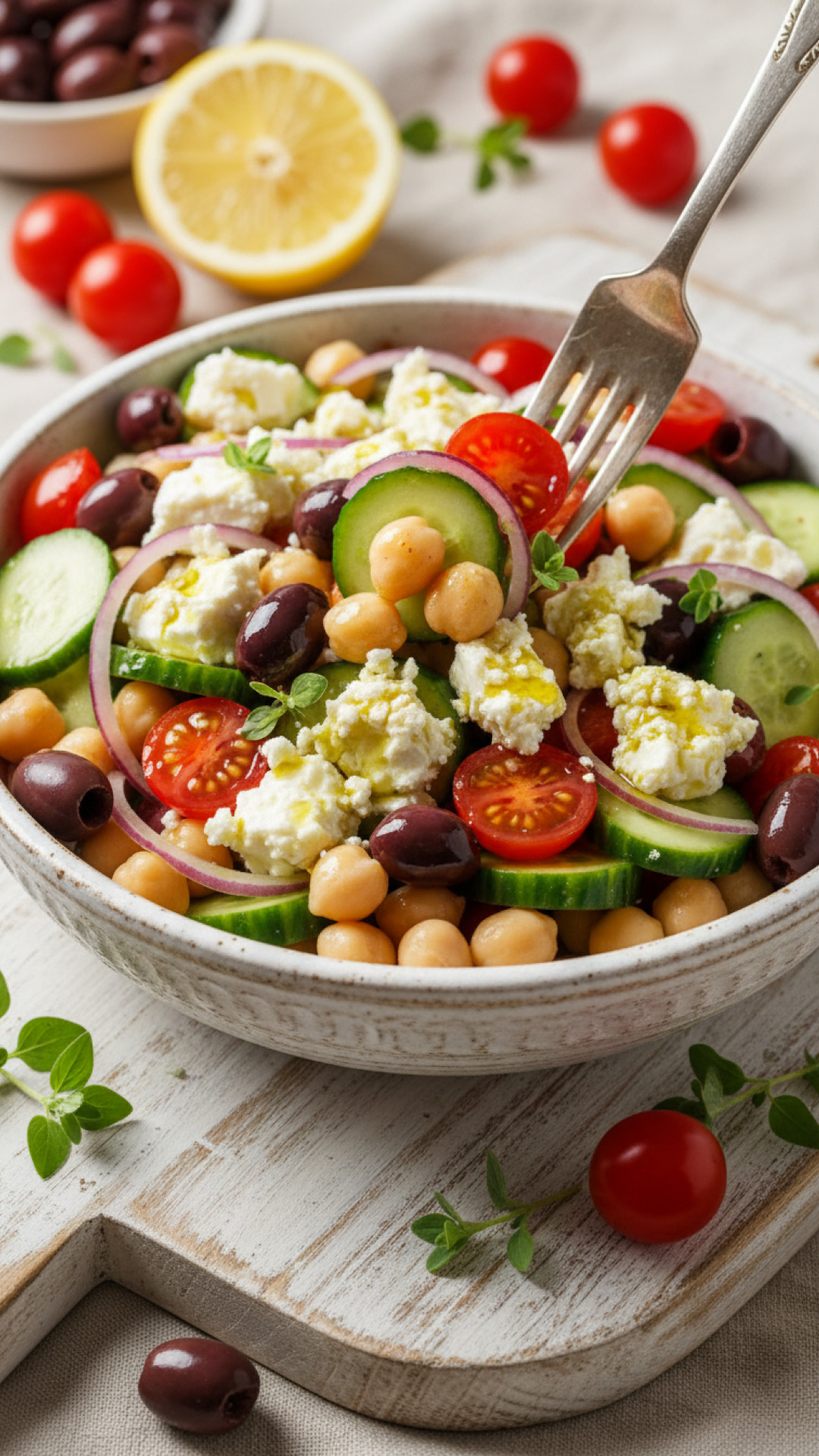 Mediterraner Kichererbsen Salat mit Feta und Oliven Preparation