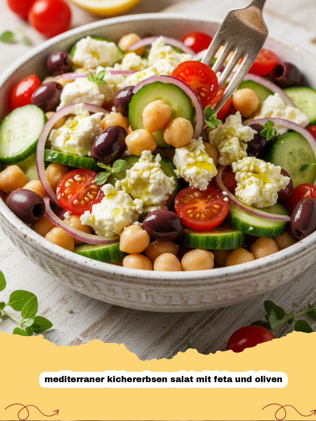 mediterraner kichererbsen salat mit feta und oliven - Frischer mediterraner Kichererbsen Salat mit Feta und Oliven in einer Schüssel