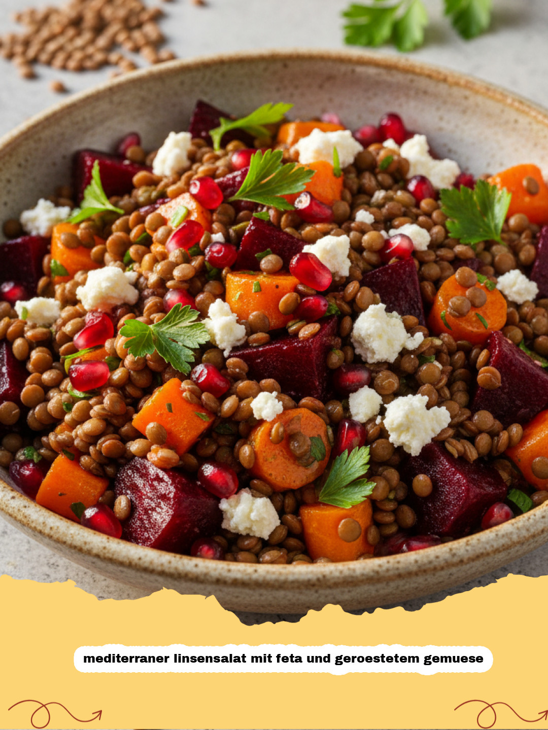 mediterraner linsensalat mit feta und geroestetem gemuese - Ein Teller mit mediterranem Linsensalat, Feta und geröstetem Gemüse, garniert mit frischen Kräutern.