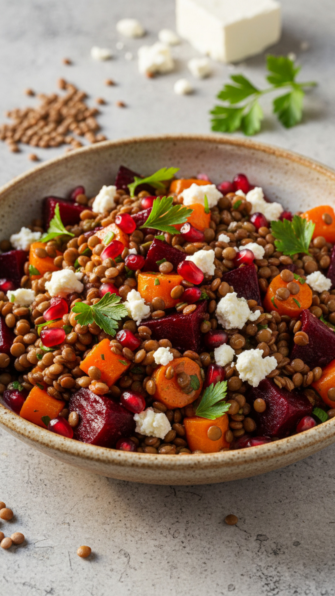 Mediterraner Linsensalat mit Feta und Geröstetem Gemüse Preparation