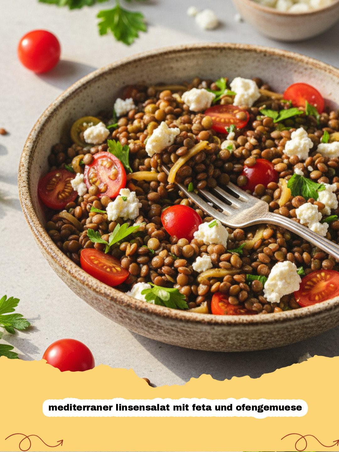 mediterraner linsensalat mit feta und ofengemuese - Ein bunter mediterraner Linsensalat mit Feta, geröstetem Gemüse und frischen Kräutern in einer großen Schüssel.