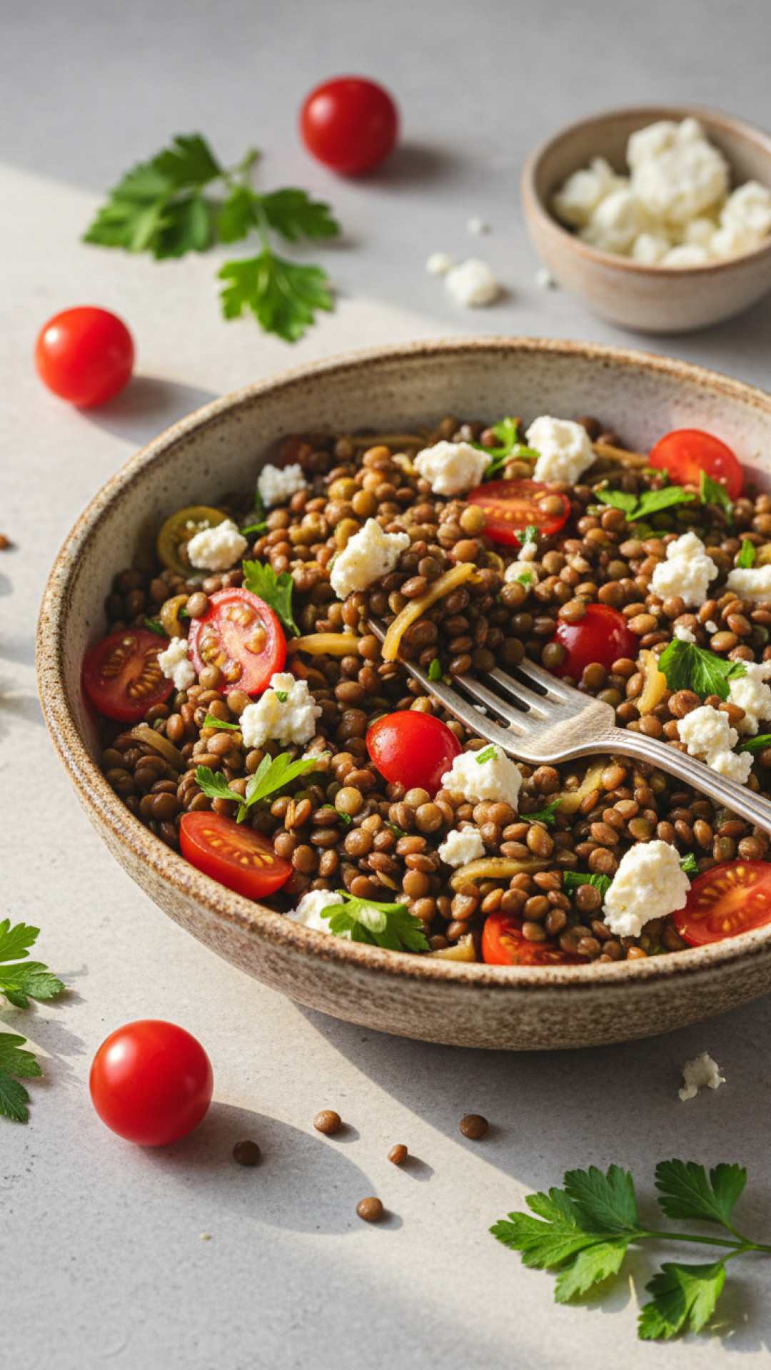 Mediterraner Linsensalat mit Feta und Ofengemüse Preparation