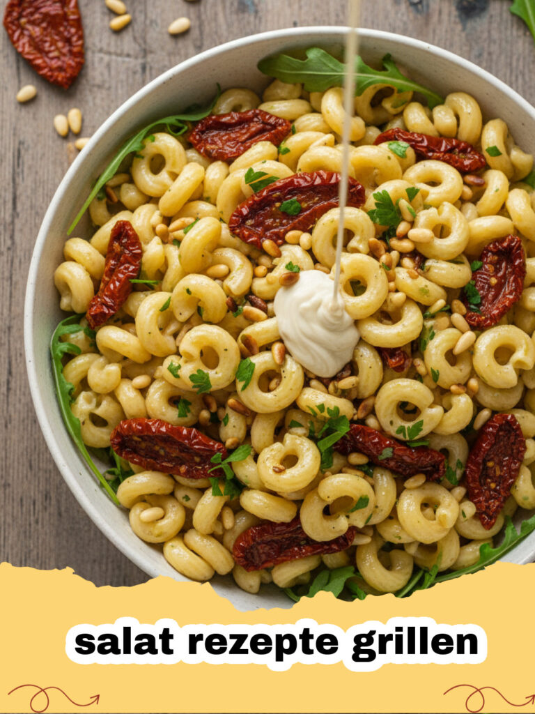 Ein bunter mediterraner Nudelsalat in einer weißen Schüssel für salat rezepte grillen