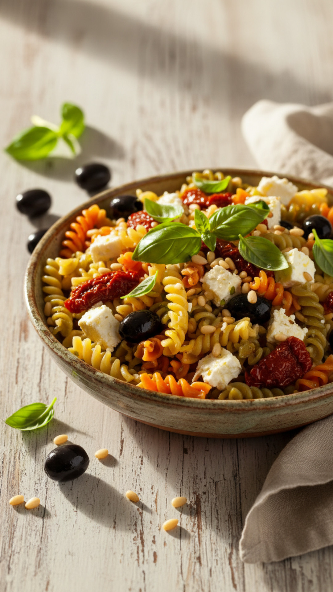 Mediterraner Nudelsalat mit Feta und Oliven Preparation