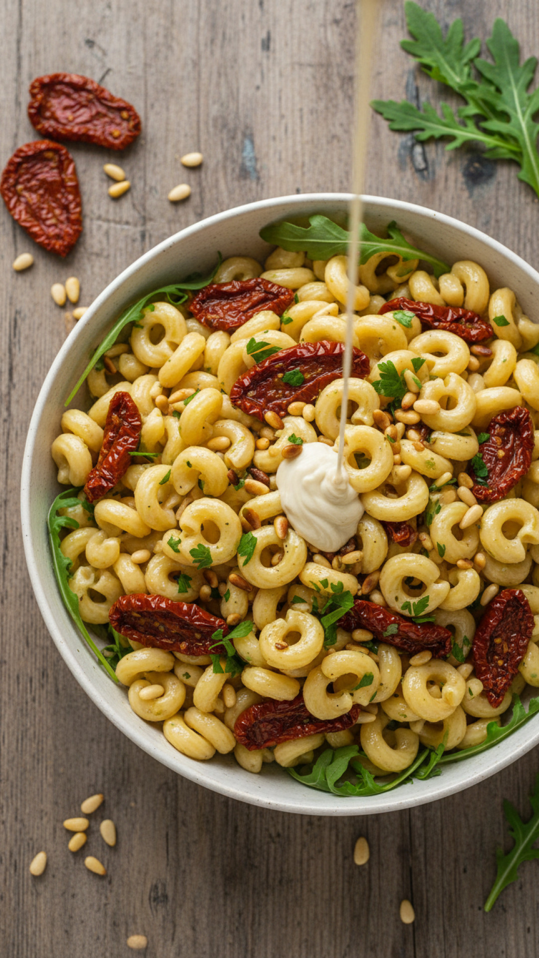 Mediterraner Nudelsalat mit Rucola und Feta Preparation