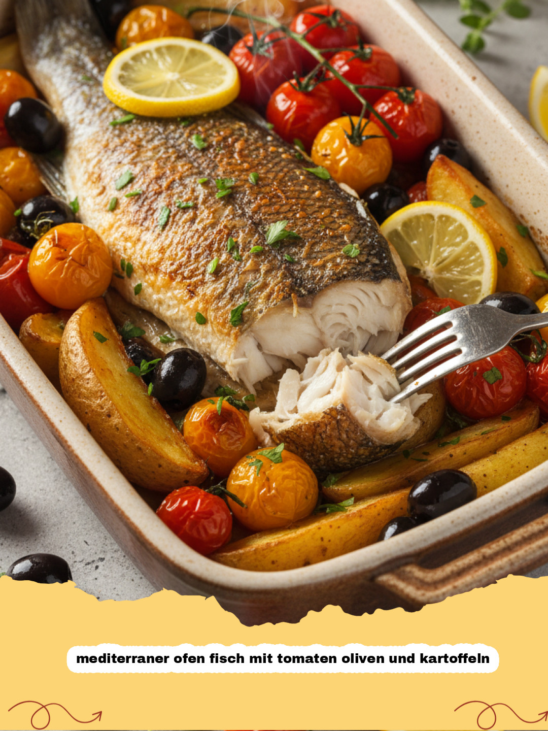 mediterraner ofen fisch mit tomaten oliven und kartoffeln - Mediterraner Ofen-Fisch mit Tomaten, Oliven und Kartoffeln auf einem Backblech, garniert mit frischen Kräutern