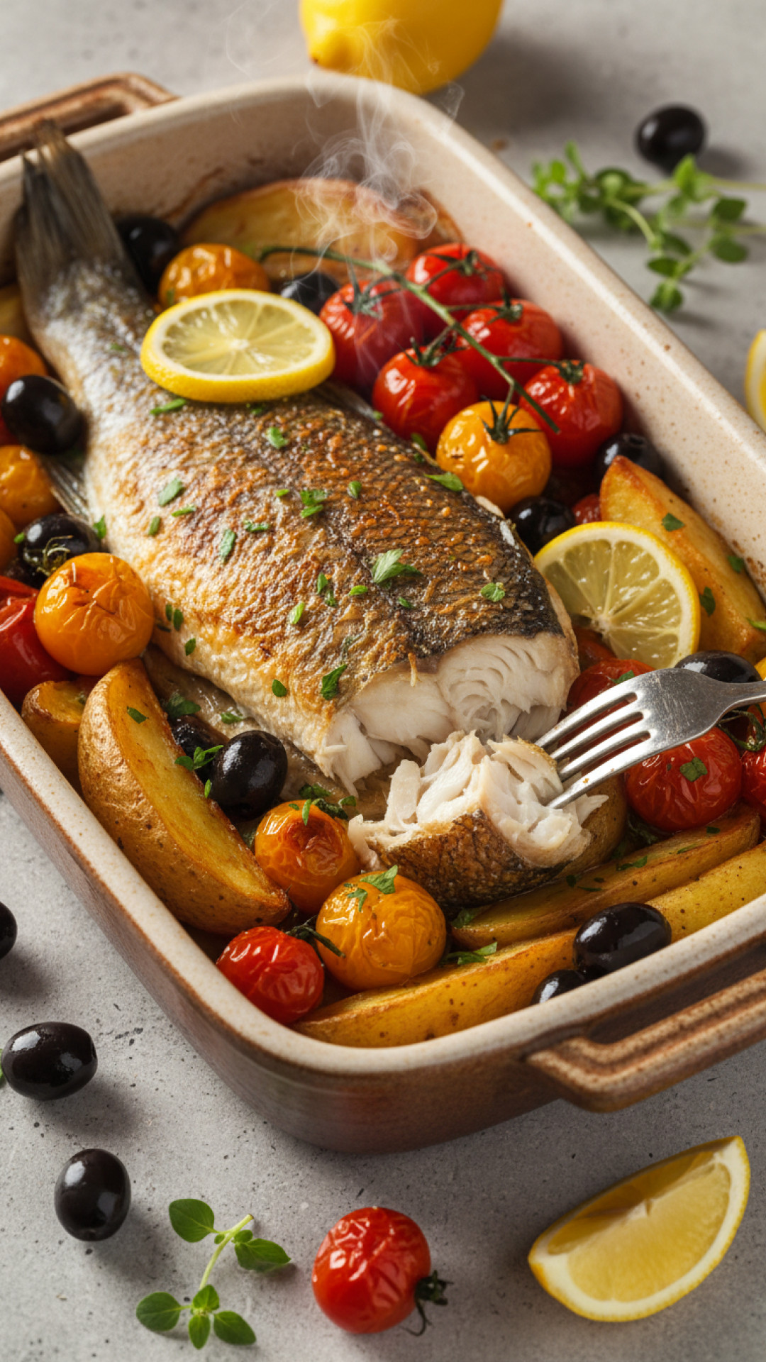 Mediterraner Ofen-Fisch mit Tomaten, Oliven und Kartoffeln Preparation