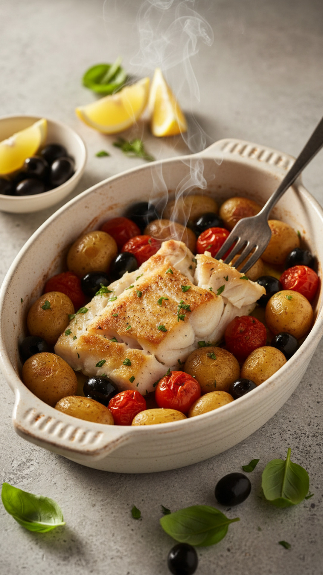 mediterraner ofenfisch mit kartoffeln und oliven Preparation