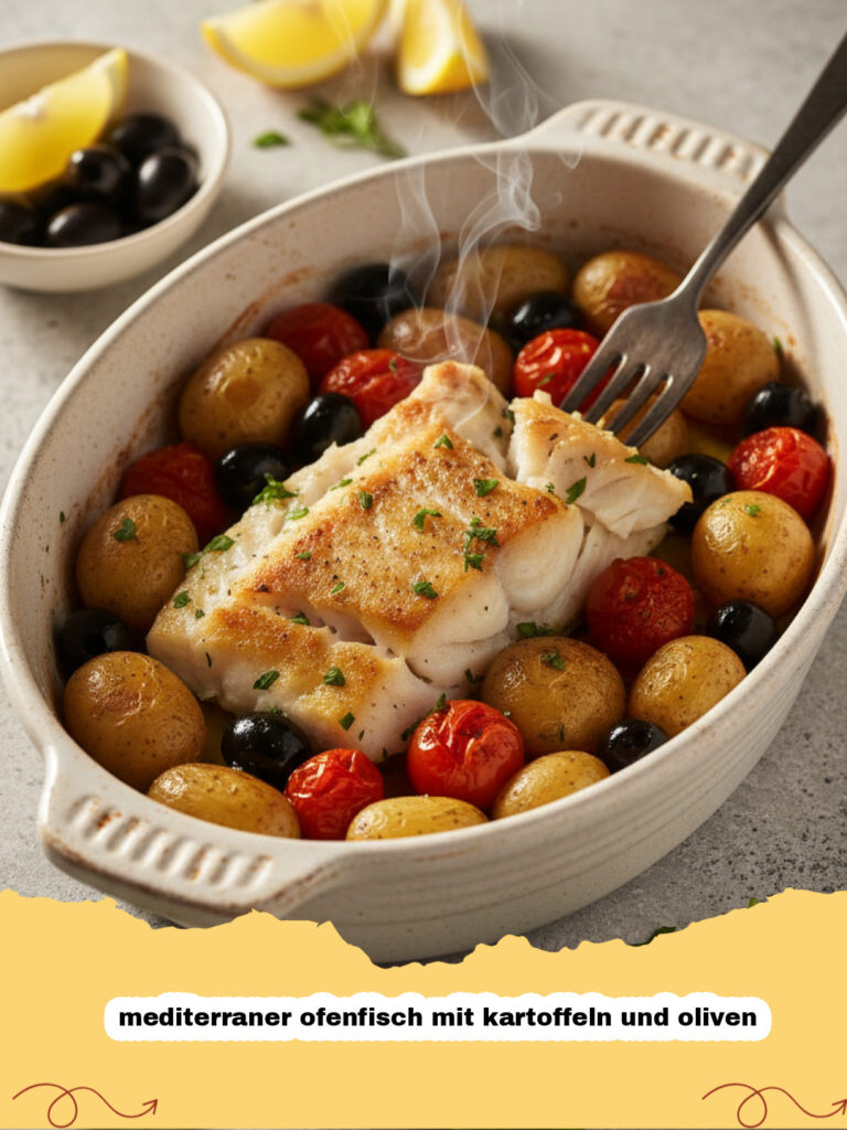 mediterraner ofenfisch mit kartoffeln und oliven - Mediterraner Ofenfisch mit Kartoffeln und Oliven auf einem Backblech angerichtet