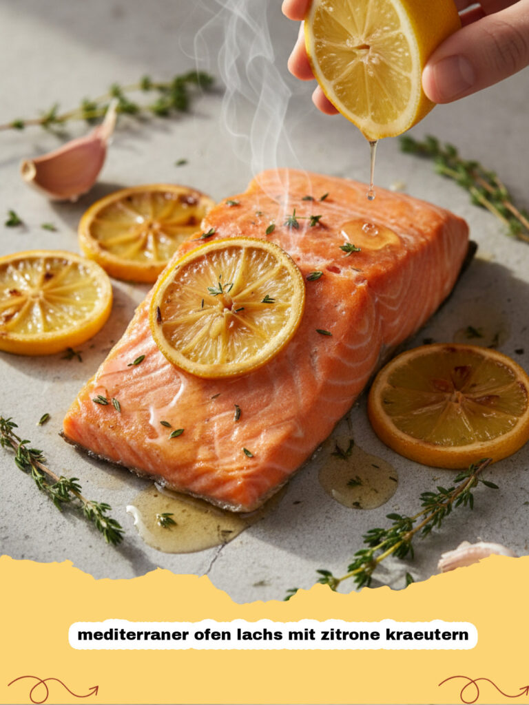 mediterraner ofen lachs mit zitrone kraeutern - Saftiger mediterraner Ofenlachs mit Zitronenscheiben, Rosmarin und Kirschtomaten auf einem Teller
