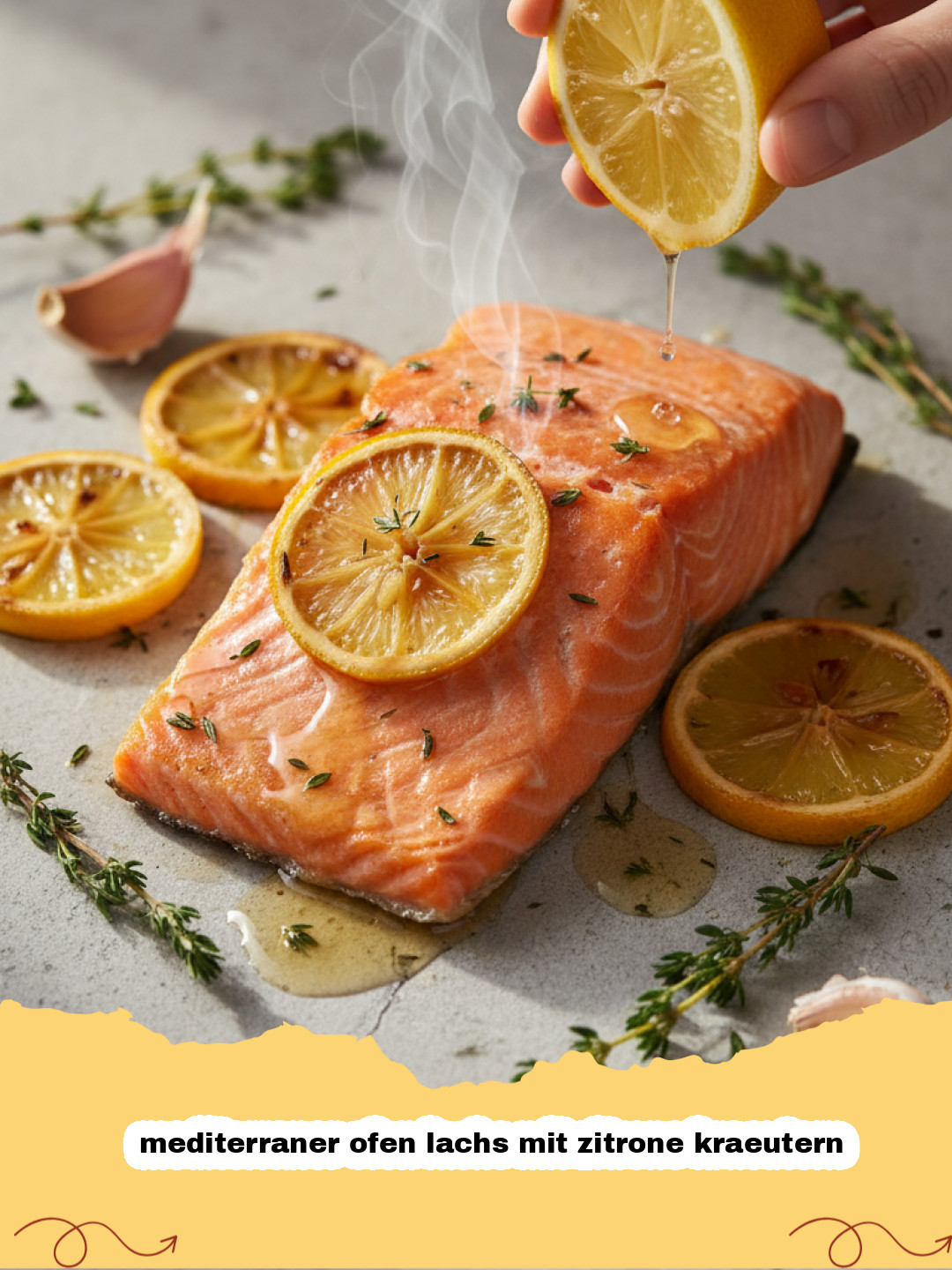 mediterraner ofen lachs mit zitrone kraeutern - Saftiger mediterraner Ofenlachs mit Zitronenscheiben, Rosmarin und Kirschtomaten auf einem Teller