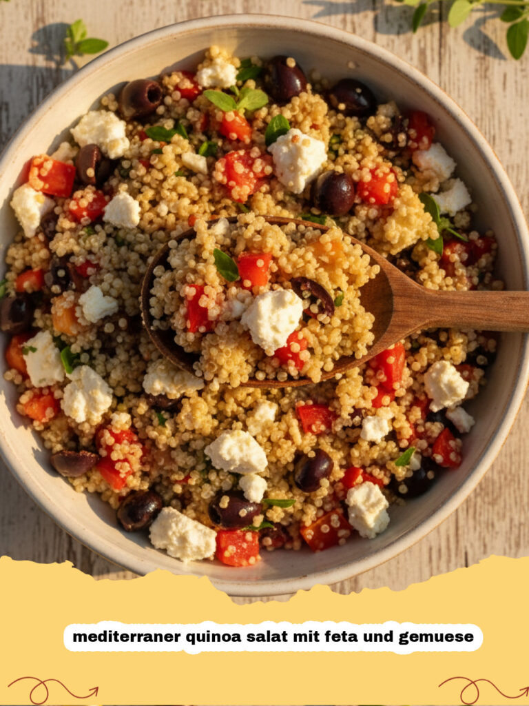 mediterraner quinoa salat mit feta und gemuese - Ein bunter mediterraner Quinoa Salat mit Feta, Tomaten, Gurken, Oliven und frischen Kräutern in einer großen Schüssel.