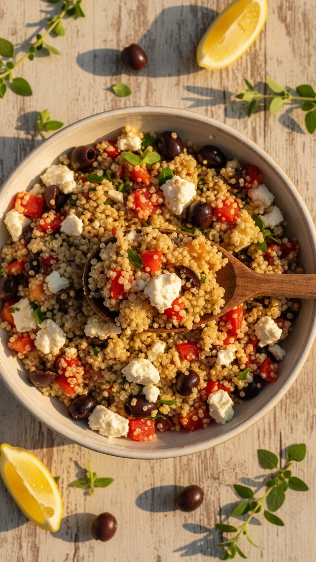 Mediterraner Quinoa Salat mit Feta und Gemüse Preparation