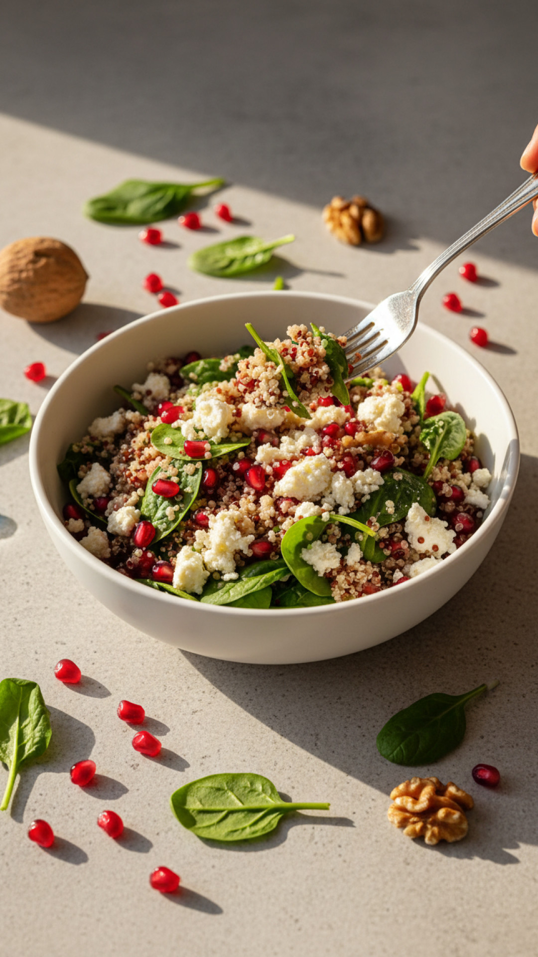 Mediterraner Quinoa Salat mit Feta und Granatapfel Preparation