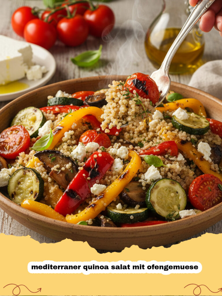 mediterraner quinoa salat mit ofengemuese - Bunter mediterraner Quinoa Salat mit geröstetem Ofengemüse in einer großen Schale, garniert mit frischen Kräutern und Feta.