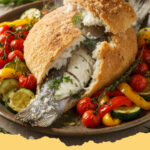 mediterraner wolfsbarsch im salzmantel mit ofengemuese - Ein perfekt gegarter mediterraner Wolfsbarsch im Salzmantel, umgeben von bunter Auswahl an Ofengemüse wie Zucchini, Paprika und Tomaten auf einem Servierteller.