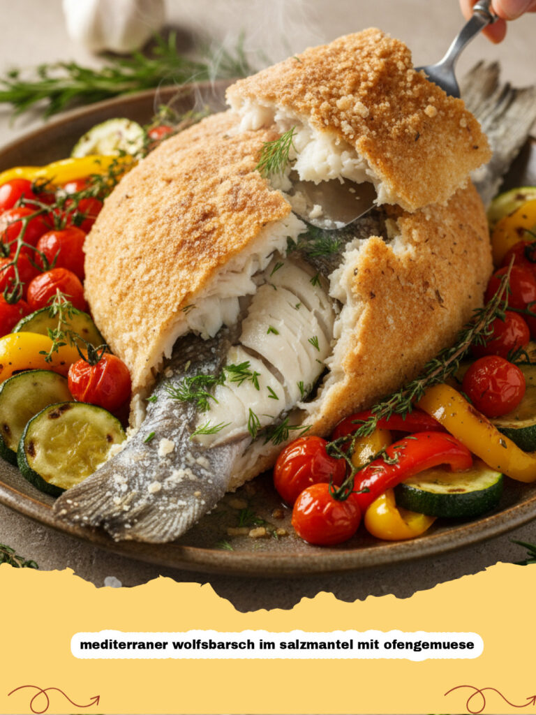 mediterraner wolfsbarsch im salzmantel mit ofengemuese - Ein perfekt gegarter mediterraner Wolfsbarsch im Salzmantel, umgeben von bunter Auswahl an Ofengemüse wie Zucchini, Paprika und Tomaten auf einem Servierteller.