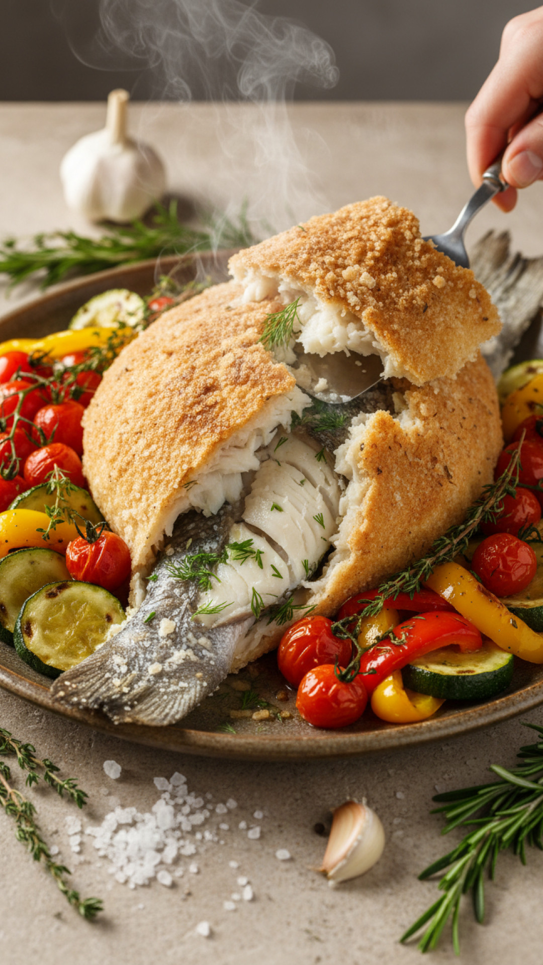 Mediterraner Wolfsbarsch im Salzmantel mit Ofengemüse Preparation