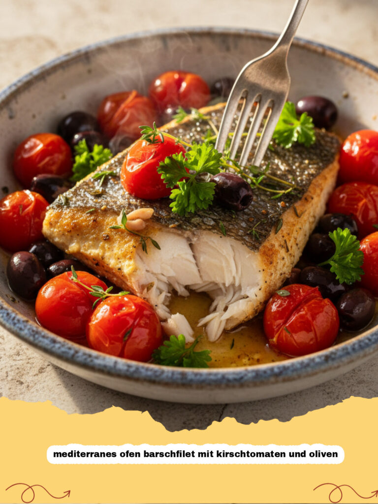 mediterranes ofen barschfilet mit kirschtomaten und oliven - Ein appetitlich angerichtetes mediterranes Ofen Barschfilet mit Kirschtomaten, Oliven und frischen Kräutern auf einem Backblech.