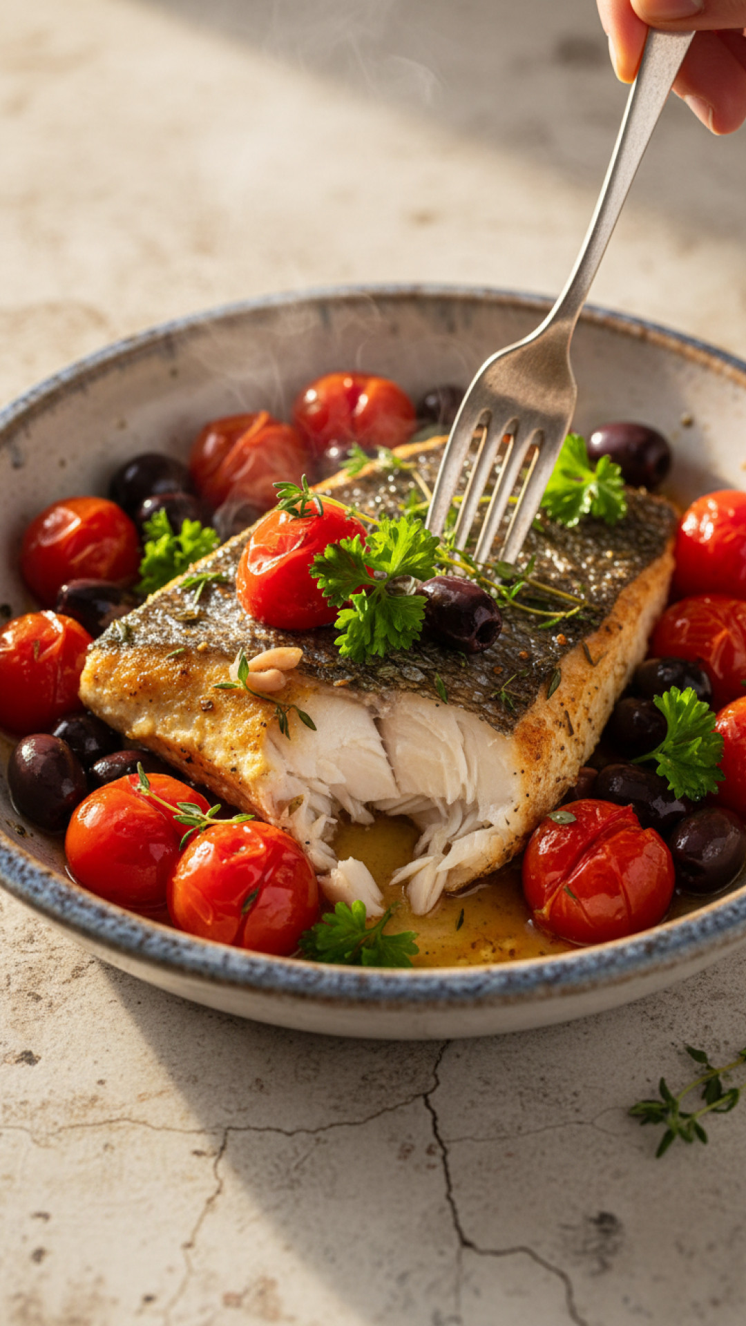 Mediterranes Ofen Barschfilet mit Kirschtomaten und Oliven Preparation