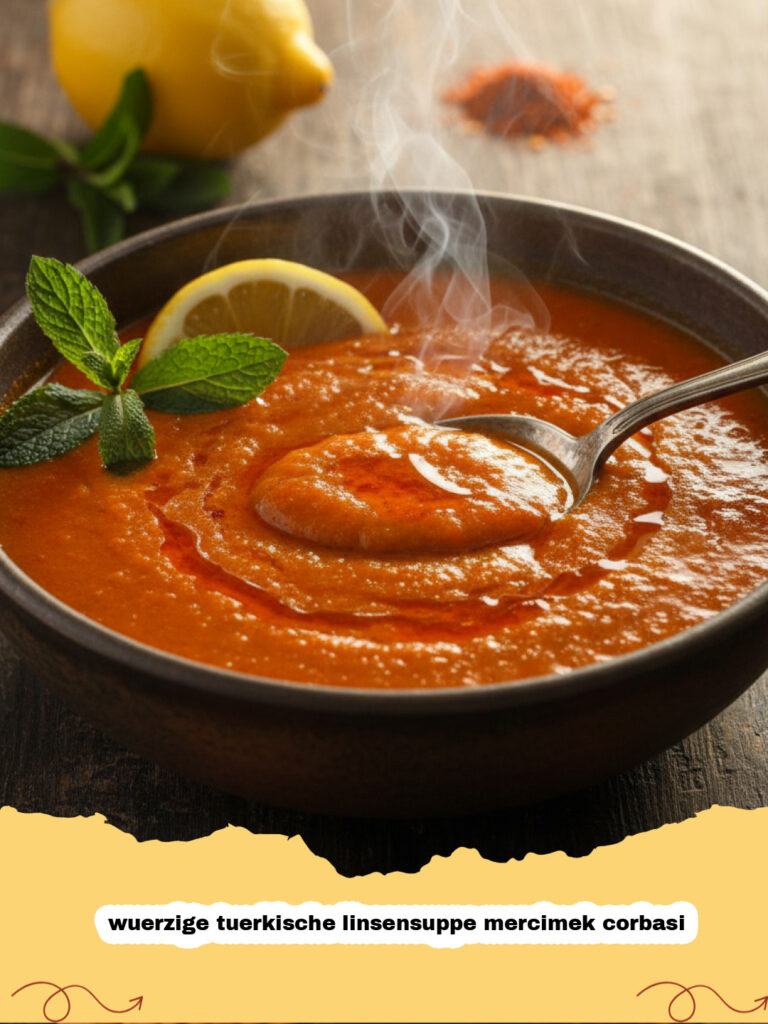 wuerzige tuerkische linsensuppe mercimek corbasi - Eine dampfende Schale würzige türkische Linsensuppe (Mercimek Çorbası) garniert mit Minzbutter und Zitronenspalten.