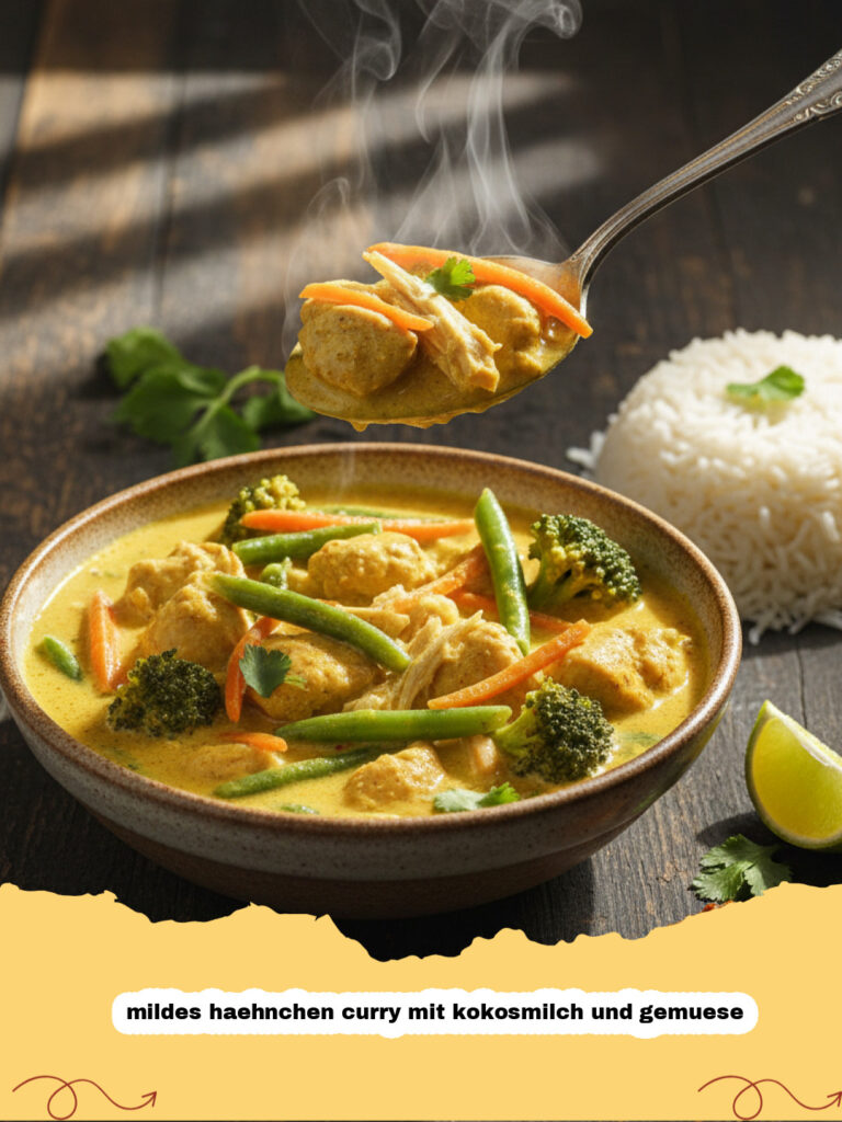 mildes haehnchen curry mit kokosmilch und gemuese - Cremiges, mildes Hähnchen Curry mit Kokosmilch und Gemüse, serviert mit Reis in einer Schüssel