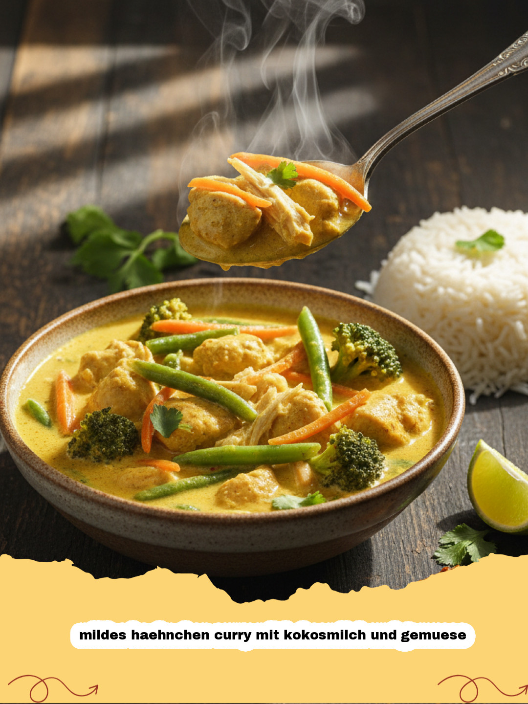 mildes haehnchen curry mit kokosmilch und gemuese - Cremiges, mildes Hähnchen Curry mit Kokosmilch und Gemüse, serviert mit Reis in einer Schüssel