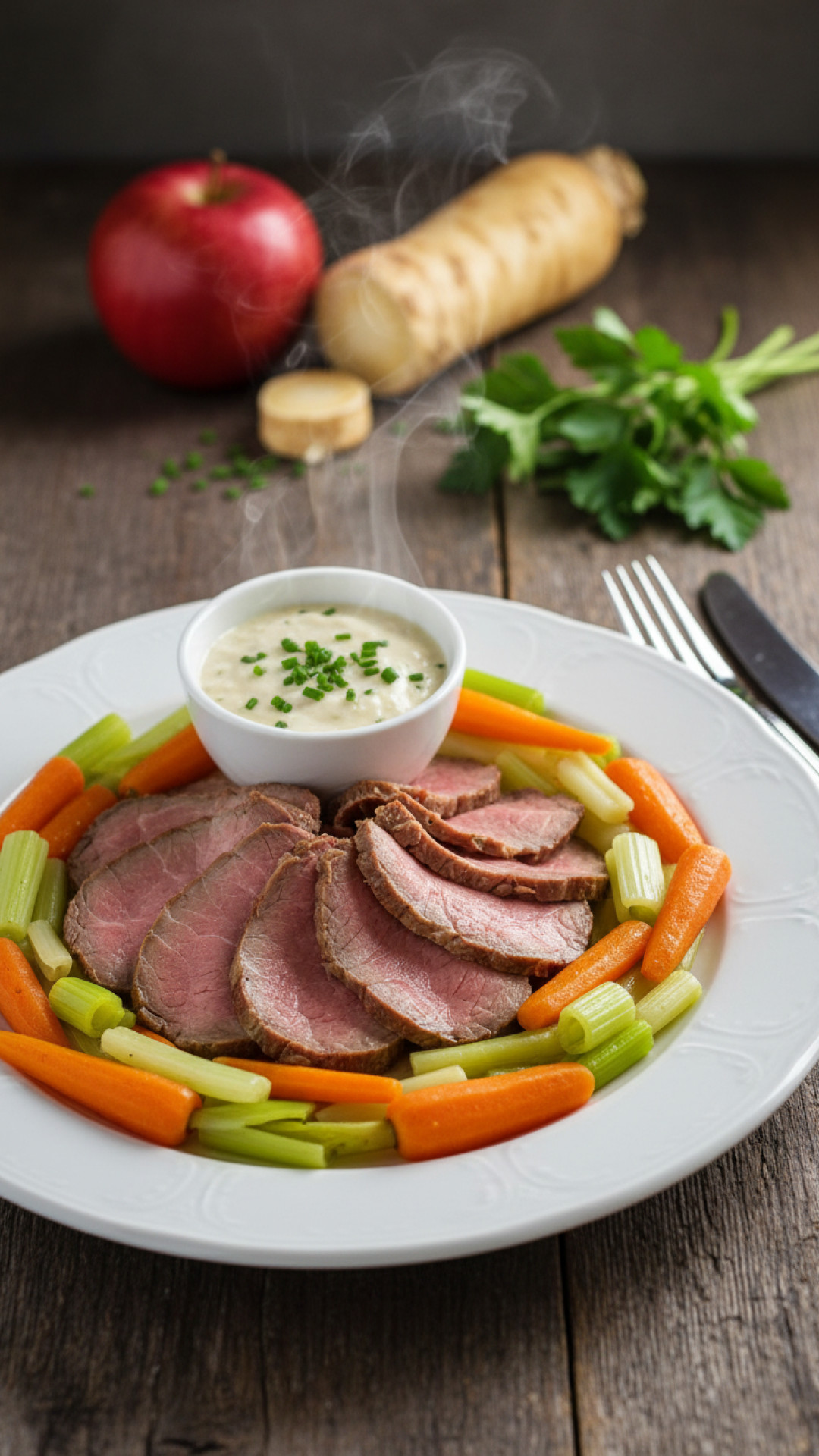 Oesterreichischer Tafelspitz mit Wurzelgemuese und Apfelkren Preparation