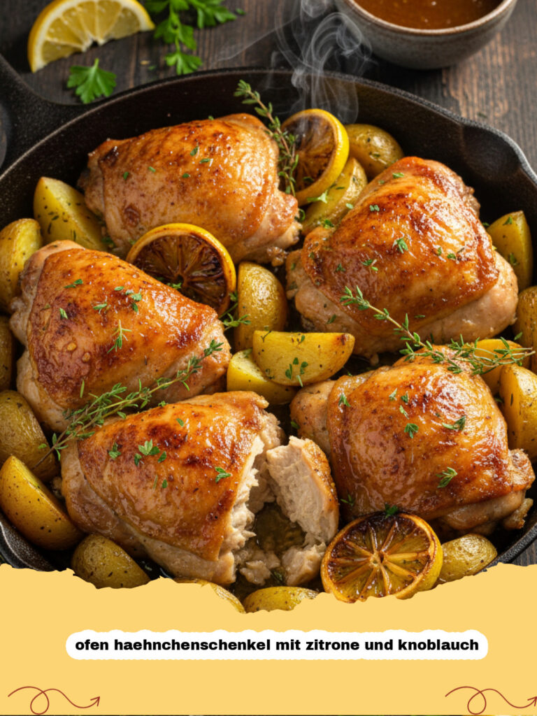 ofen haehnchenschenkel mit zitrone und knoblauch - Saftige ofen Hähnchenschenkel mit knuspriger Haut, Zitrone und Knoblauch in einer Auflaufform