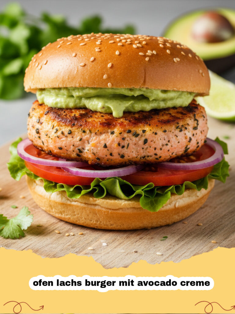 ofen lachs burger mit avocado creme - Ein appetitlicher Ofen Lachs Burger mit cremiger Avocado-Sauce, frischem Salat und Tomaten auf einem rustikalen Holzbrett.