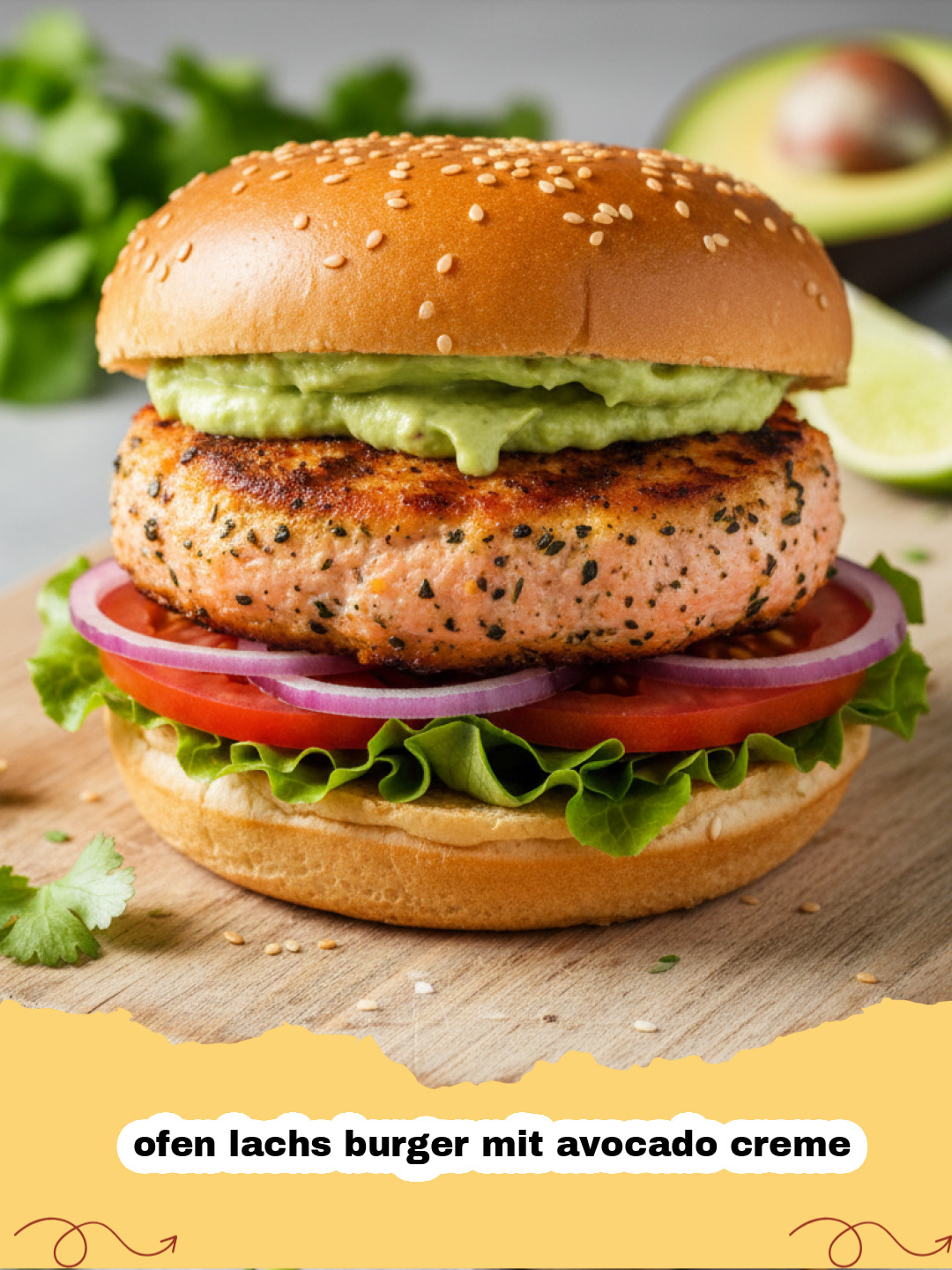 ofen lachs burger mit avocado creme - Ein appetitlicher Ofen Lachs Burger mit cremiger Avocado-Sauce, frischem Salat und Tomaten auf einem rustikalen Holzbrett.