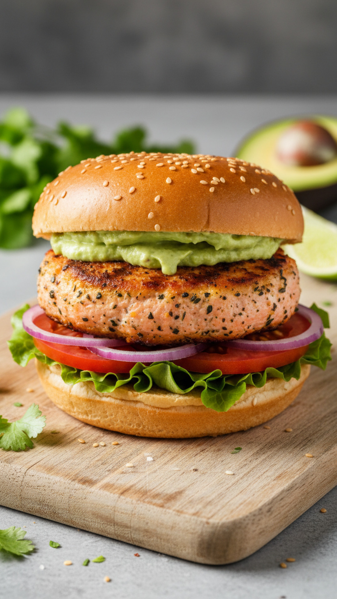 Ofen Lachs Burger mit Avocado Creme Preparation
