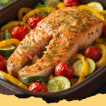 ofen lachsfilet mit honig senf kruste und ofengemuese - Ofenlachsfilet mit knuspriger Honig-Senf-Kruste und buntem Ofengemüse auf einem Backblech, bereit zum Servieren.