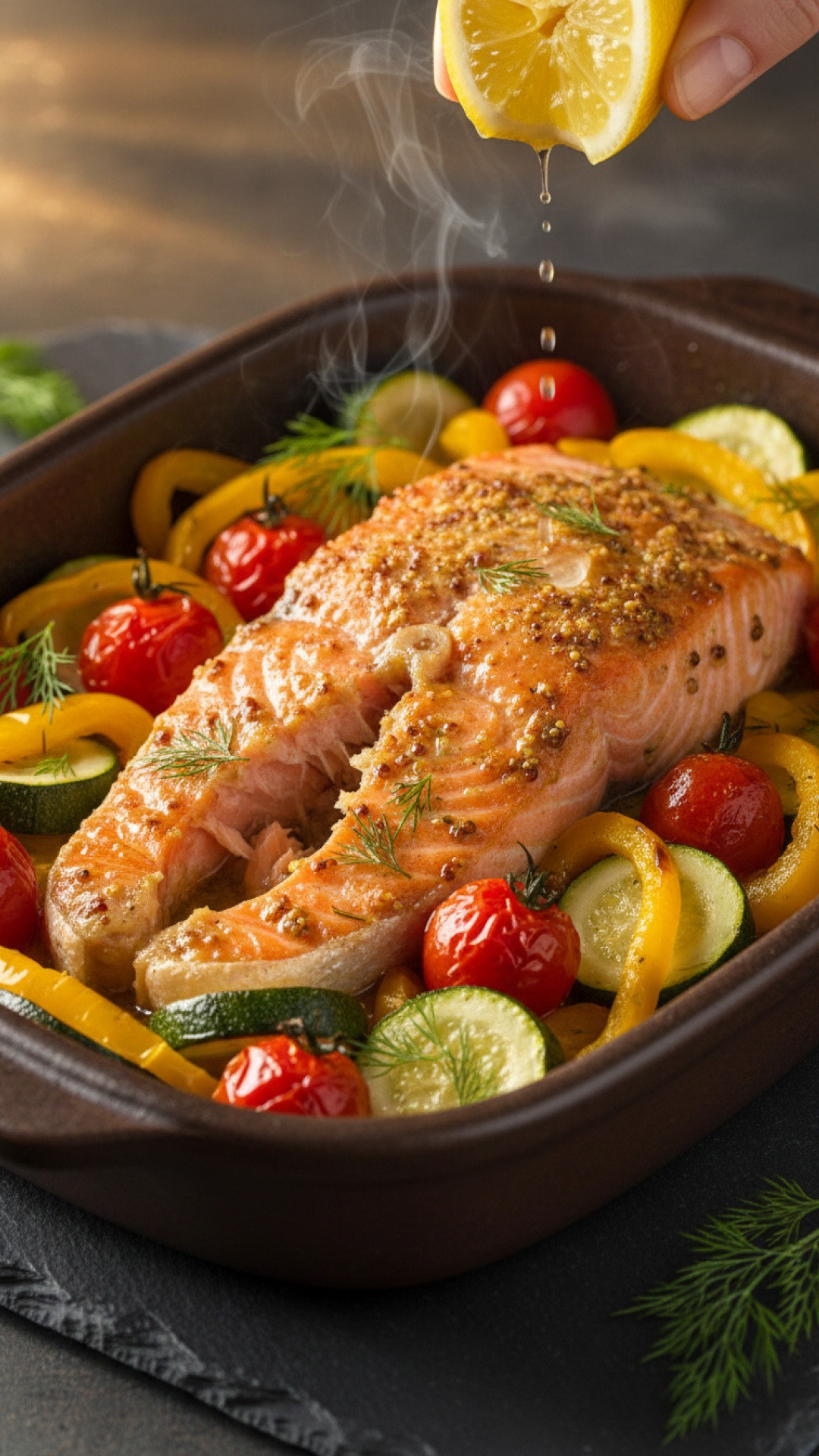 Ofenlachsfilet mit Honig-Senf-Kruste und Ofengemüse Preparation