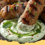 orientalische lamm kofta mit joghurt minz sauce - Teller mit saftiger orientalischer Lamm Kofta, garniert mit frischer Minze und einer Schale Joghurt-Minz-Sauce im Hintergrund.