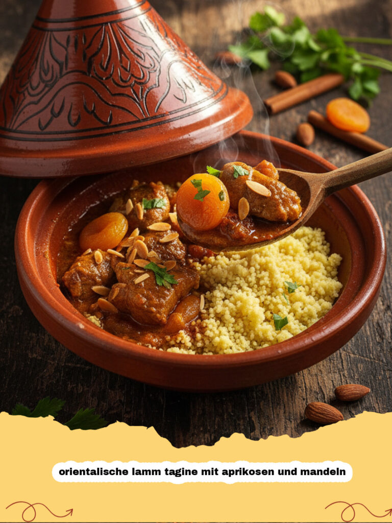 Frisch zubereitete orientalische lamm tagine mit aprikosen und mandeln in einem traditionellen Tontopf