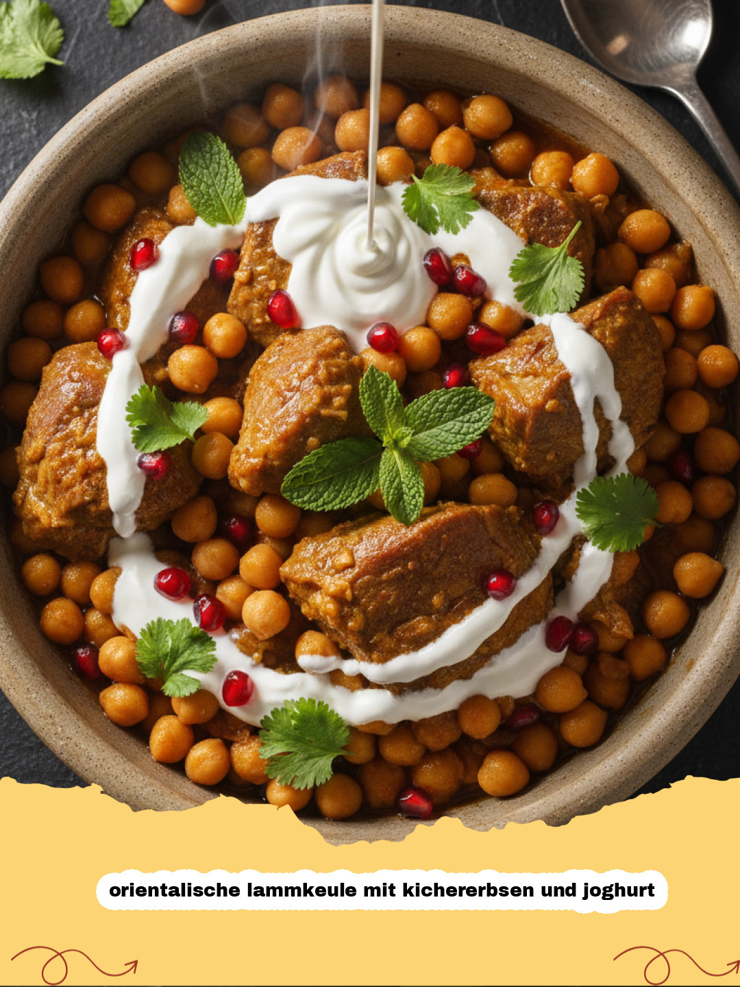 orientalische lammkeule mit kichererbsen und joghurt - Nahaufnahme einer zarten orientalischen Lammkeule mit Kichererbsen und frischer Joghurtsoße, garniert mit Kräutern, auf einem Servierteller.