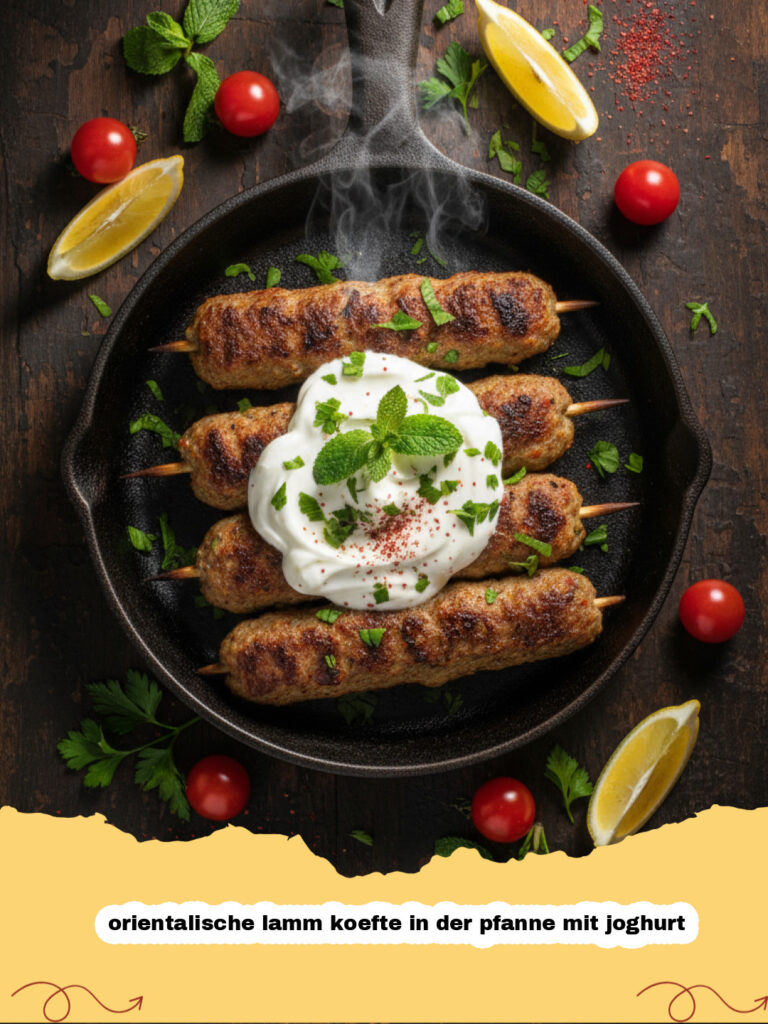 orientalische lamm koefte in der pfanne mit joghurt - Frisch gebratene orientalische Lammköfte in einer Pfanne mit frischer Minze und einer Schale Joghurt-Minz-Soße