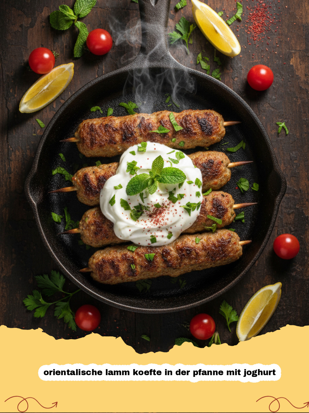 orientalische lamm koefte in der pfanne mit joghurt - Frisch gebratene orientalische Lammköfte in einer Pfanne mit frischer Minze und einer Schale Joghurt-Minz-Soße